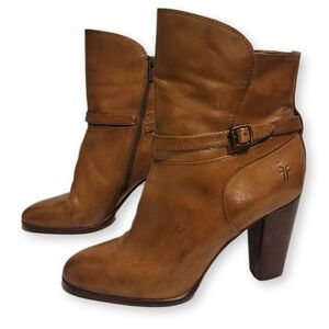 Frye Brown Leather Ankle Booties – Size 8.5, Zip Closure, Chunky Heel